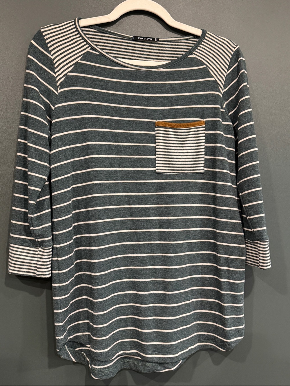 Pink Clover Striped Pocket Long Sleeve Top - Teal, White & Tan Accent